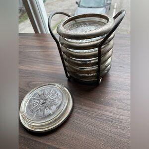 Vintage Italian Silver-Plated Sunburst Glass Coaster Set with Holder